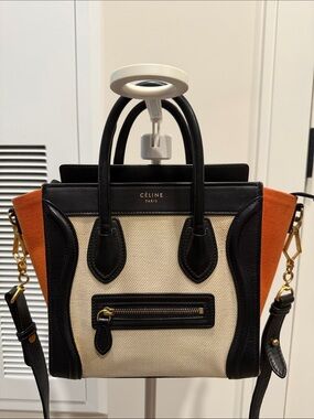 Celine Nano Tri Color Leather and Canvas Luggage Handbag with COA